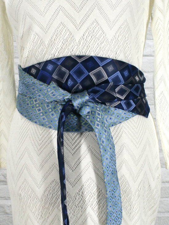 Hand Crafted Accessories - HAND CRAFTED Belt Necktie Upcycled Cummerbund Wrap Silk Wide Obi Waist Sash Blue